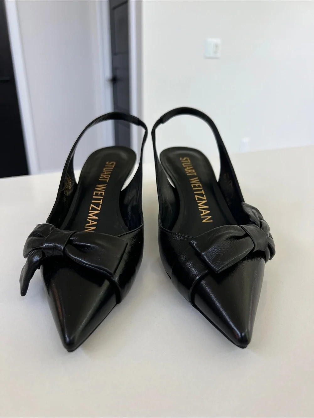 Stuart Weitzman sofia 50 slingback black leather pointed toe bow low heels 5